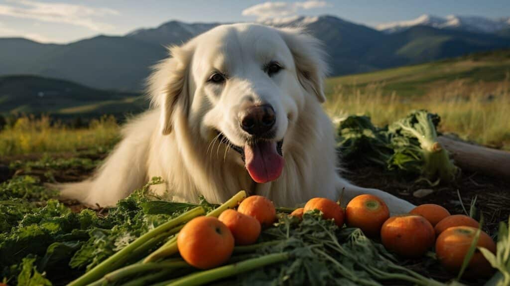 Great Pyrenees with fruits