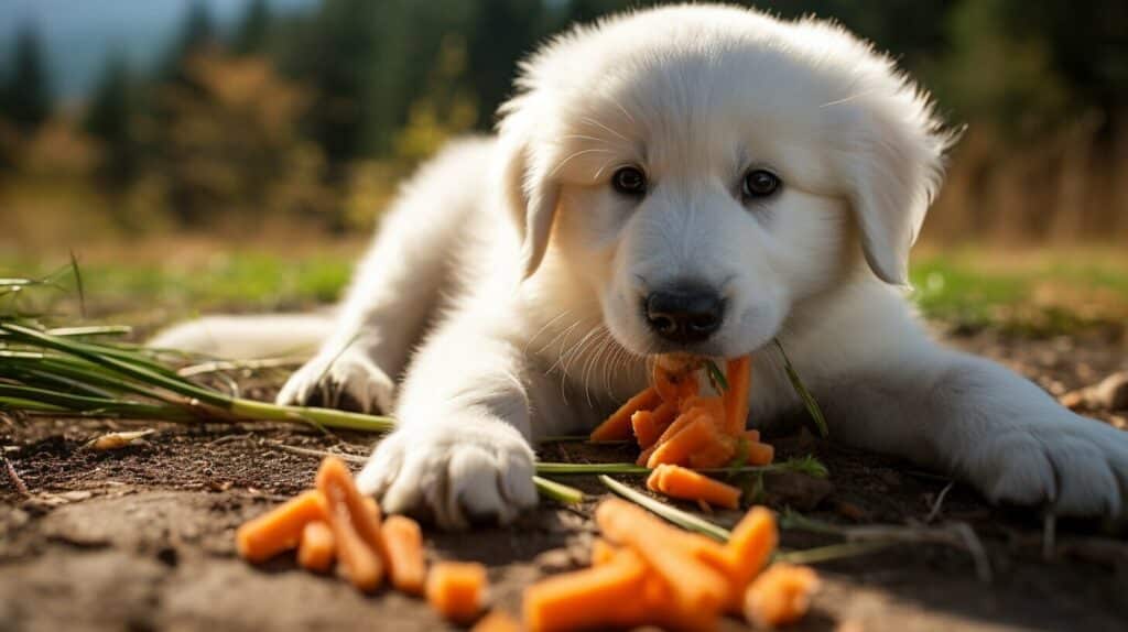 Feeding carrots to Great Pyrenees