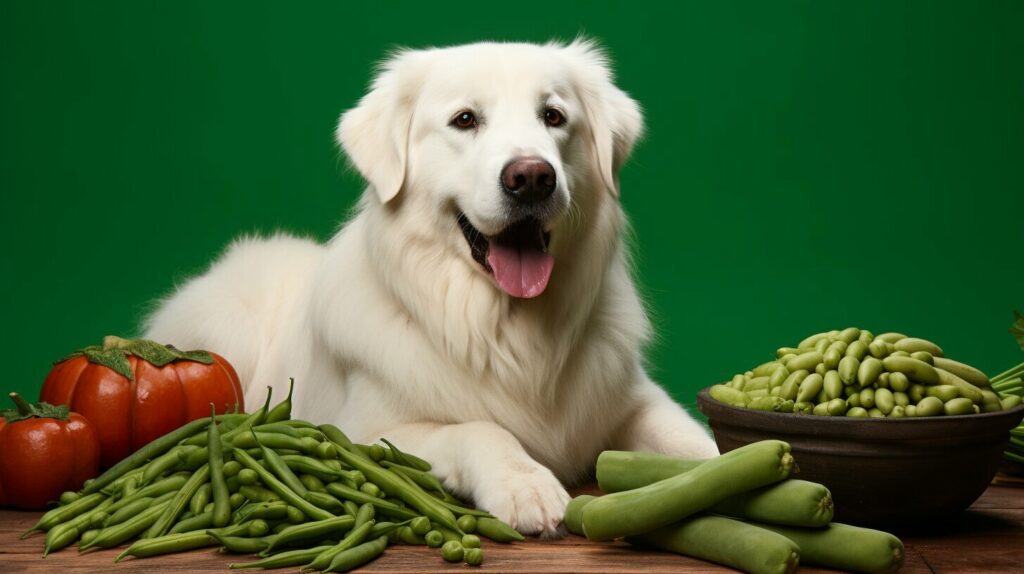Great Pyrenees eating green beans