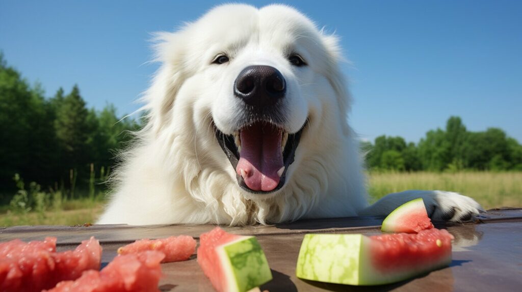 Great Pyrenees eating watermelon
