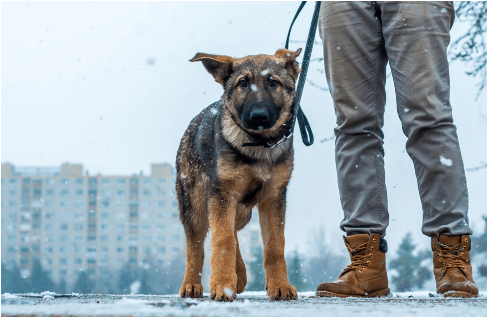 German Shepherd with his owner during snowfall