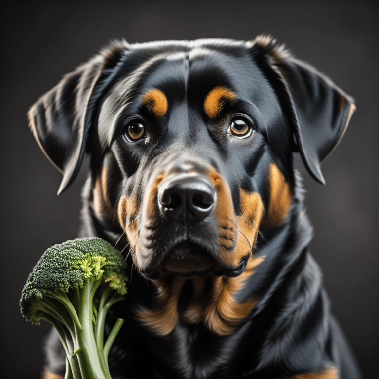 Rottweiler eating broccoli