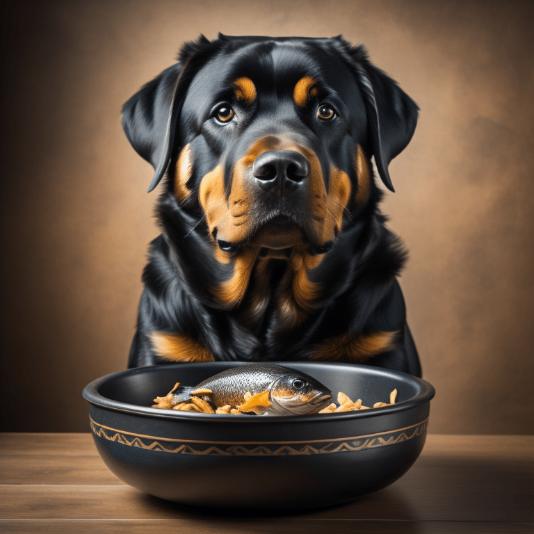 Rottweiler eating fish