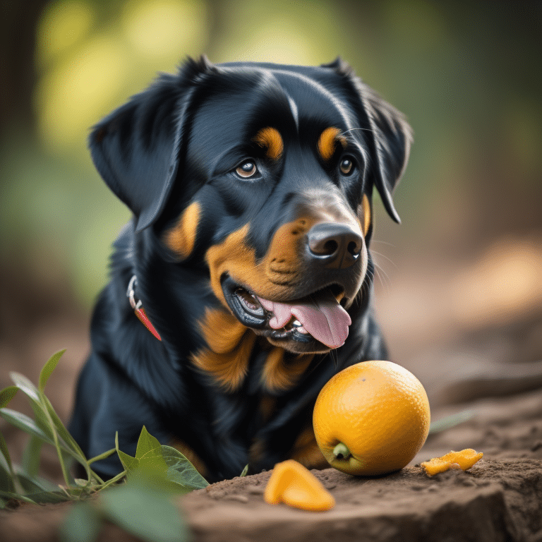 Rottweiler eating fruit